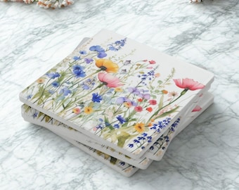 Personalized Stone Coasters Set: Watercolor Wildflower Design