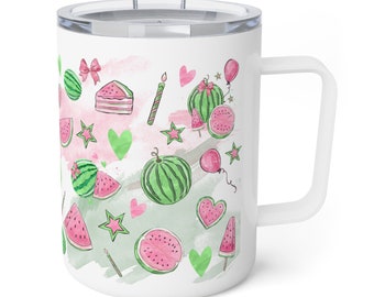 Watermelon Summer Fun Insulated Travel Mug with Lid and Handle 12 oz | Cherry Lake Studio