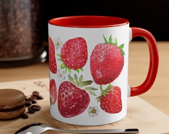 Strawberry Fruit Ceramic Accent Mug | 11 oz and 15 oz | Watercolor Strawberry Design | Strawberry Graphics Mug Gift | Cherry Lake Studio Mug