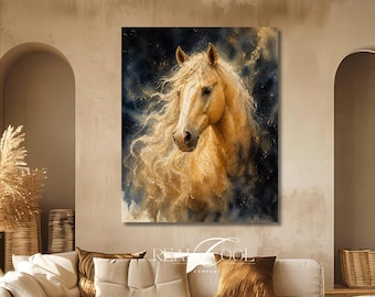 Palomino Horse Wall Art, Ethereal Golden Equine Painting, Neutral Luxury Artwork