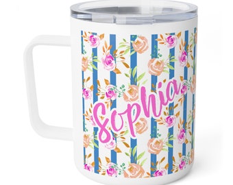 Roses and Stripes PERSONALIZED Insulated Travel Mug with Lid and Handle 12 oz | Cherry Lake Studio