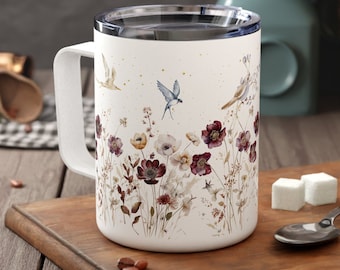 Whimsical Watercolor Wildflower Custom Name Insulated Coffee Mug