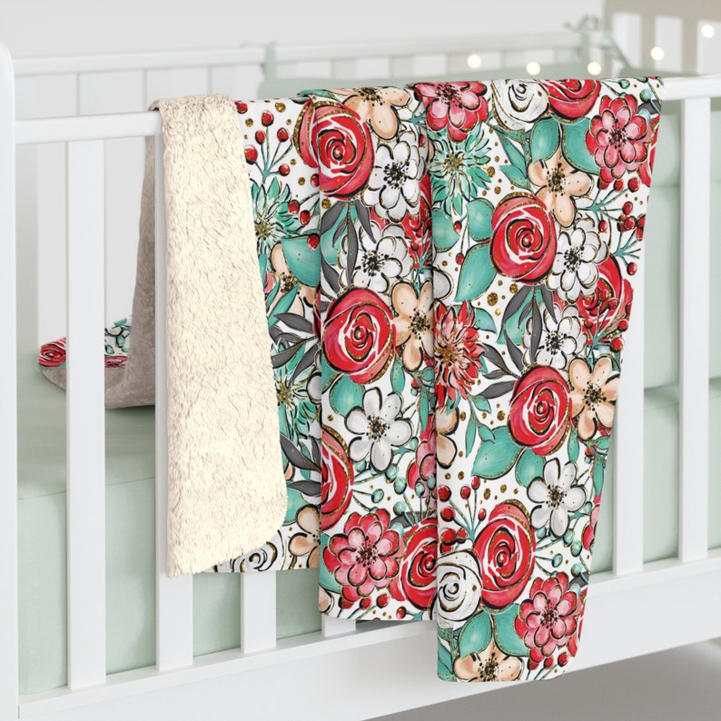 Red Roses and Tulips Sherpa Fleece Blanket, Sofa Throw, Shabby Chic