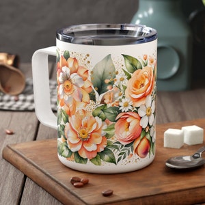 Orange Pfingstrosen Aquarell Reisebecher 12 Unze Edelstahl | Isoliert mit Griff und Deckel | Florales Geschenk für Kaffee und Tee-Liebhaber