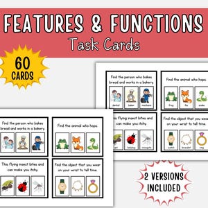 Op de afbeelding: Educatieve taakkaarten met de titel "FEATURES & FUNCTIONS" en de tekst "Task Cards". De kaarten bevatten illustraties en vragen. De afbeelding bevat ook de tekst "60 CARDS" en "2 VERSIONS INCLUDED".