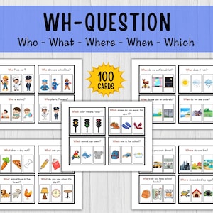 May include: A set of educational flashcards labelled "WH-QUESTION" with the prompts "Who - What - Where - When - Which." The cards display illustrations and questions such as "Who fixes car?" and "What does a dog eat?" A yellow graphic reads "100 CARDS."