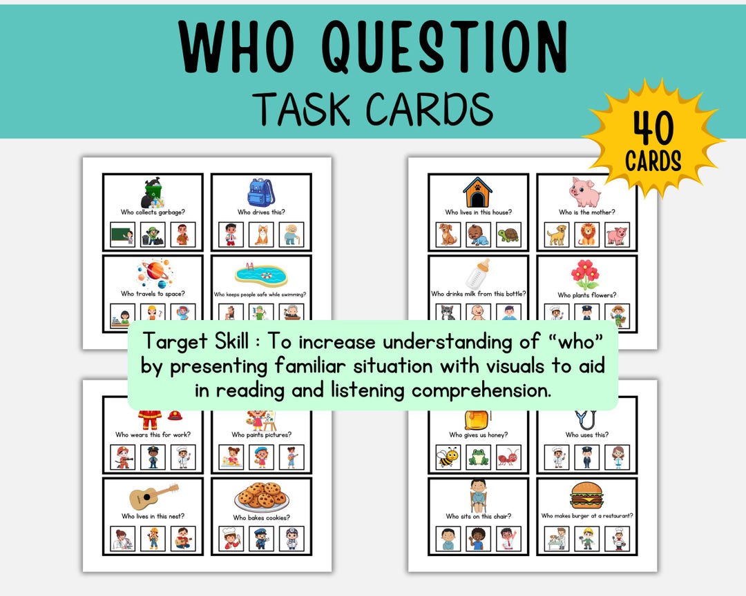 Who Questions Task Cards, Speech Therapy Worksheets - Etsy