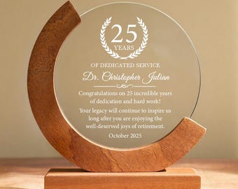Premio personalizado por 25 años de servicio, obsequio de agradecimiento a empleados, trofeo de cristal grabado de 18 cm con caja de regalo.