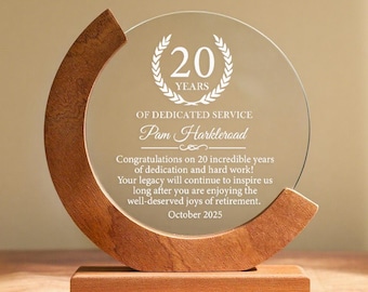 Personalized 20 Years of Service Award, Custom Employee Appreciation Gift, 7" Engraved Crystal Trophy with Gift Box