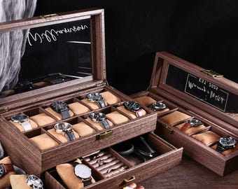 Custom Engraved 12 Slot/6 slot/3 slot Watch Box | Gift for Dad | Birthday Gift for Men | Personalized Watch Storage Case | Anniversary Gift