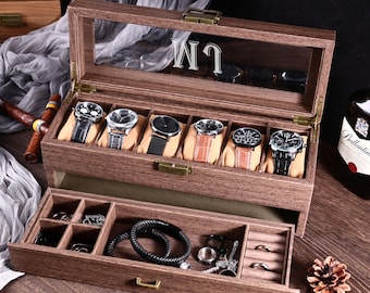 Custom Engraved  2 layer 6 Slot Leather Watch Box | Gift for Dad Birthday Gift for Men Anniversary Gift | Personalized Watch Storage Case