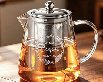 Personalized Engraved Glass Teapot, Custom Name Glass Tea Pot 450ml/950ml, Housewarming Gifts, Anniversary Gift for Tea Lovers, Gift For Her