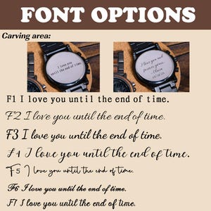 K&ouml;nnte beinhalten: Das Bild zeigt Uhrendesigns mit anpassbaren Gravuroptionen. Der Text "FONT OPTIONS" steht oben. Die Uhren haben schwarze und h&ouml;lzerne Armb&auml;nder. Die Gravuroptionen beinhalten den Satz "I love you until the end of time."