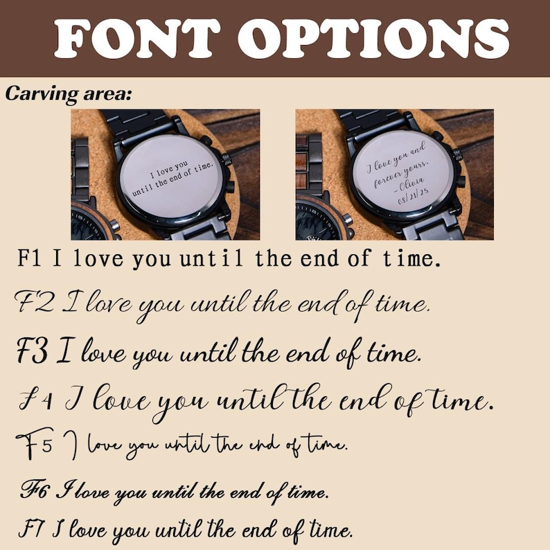 K&ouml;nnte beinhalten: Das Bild zeigt Uhrendesigns mit anpassbaren Gravuroptionen. Der Text "FONT OPTIONS" steht oben. Die Uhren haben schwarze und h&ouml;lzerne Armb&auml;nder. Die Gravuroptionen beinhalten den Satz "I love you until the end of time."