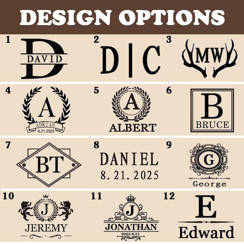 K&ouml;nnte beinhalten: Zw&ouml;lf Designoptionen mit Initialen, Namen und Daten werden gezeigt. Die Designs variieren in Stil und Schriftart. Der Text "DESIGN OPTIONS" steht oben in Dunkelbraun.