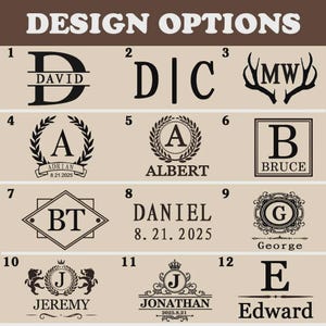 May include: A range of personalised design choices, including initials, names, and dates. Designs feature monograms, laurel wreaths, and decorative elements. The text "DESIGN OPTIONS" is at the top of the image.