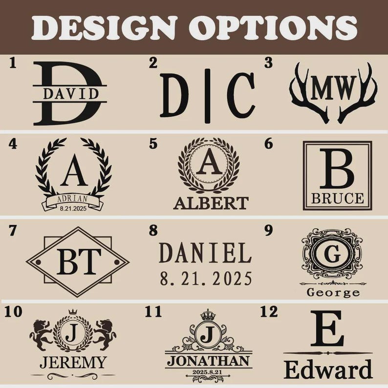 May include: A range of personalised design choices, including initials, names, and dates. Designs feature monograms, laurel wreaths, and decorative elements. The text "DESIGN OPTIONS" is at the top of the image.