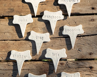 Handmade Ceramic Cheese Markers: Glossy White Cheese Labels, Set of 10
