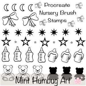 Puede incluir: Sellos de pincel Procreate para guardería en blanco y negro. Incluye lazos, lunas, estrellas, biberones y osos de peluche. También se ve el texto "Procreate Nursery Brush Stamps" y "Mint Humbug Art".