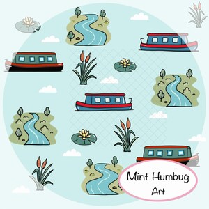 May include: A cartoon illustration with boats, rivers, lily pads, and reeds on a light blue background. The boats are red, blue, and green. The text "Mint Humbug Art" is in a pink oval.