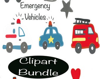 Emergency Vehicle Clip Art PNG Bundle, Fire Truck Ambulance Police Car Graphics, Kids Nursery Craft, Instant Digital Download
