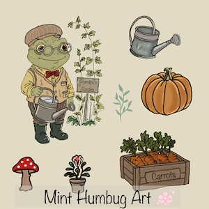 Może przedstawiać: Ilustracja postaci żaby z konewką, dynią i skrzynką marchewek. Żaba ma na sobie kapelusz i kamizelkę, ze znakiem "Grandpa's Garden". Tekst "Mint Humbug Art" znajduje się na dole obrazu.
