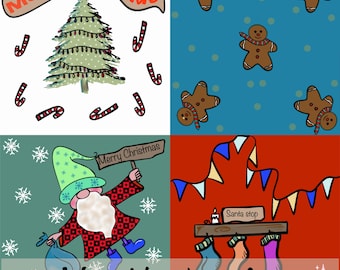 Christmas Patchwork Seamless Pattern, Festive Quilt Style Digital Paper, Gnome Reindeer Gingerbread Holiday Textile Design