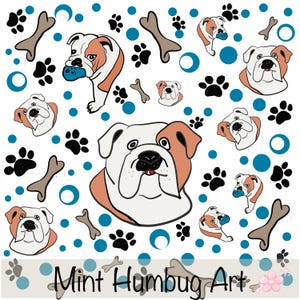 May include: A repeating pattern featuring white and tan bulldog heads, black paw prints, tan bones, and blue circles on a white background. The text Mint Humbug Art is printed in black at the bottom, accompanied by a small pink flower graphic.