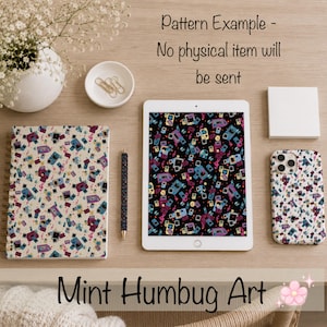May include: A digital tablet displaying a black background with a colorful retro gaming pattern, accompanied by a matching spiral notebook and smartphone case. Text reads: Pattern Example - No physical item will be sent. Mint Humbug Art.
