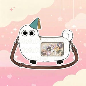 May include: A white plush crossbody bag shaped like a creature with large black eyes, a teal party hat with a gold tassel, and a small tail. The bag features a clear rectangular window displaying various circular pins and a brown adjustable strap.