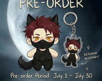 May include: A plush character with dark red hair, wolf ears, and a black face mask, wearing a black outfit with a tail. Beside it is a matching acrylic keychain accessory. Text reads PRE-ORDER, KEYCHAIN ACCESSORY, July 1-30, September 30.