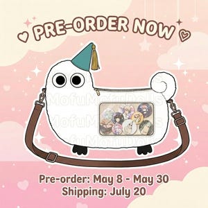 May include: White crossbody bag shaped like a cartoon character, with a brown strap and zipper. The bag has a clear window displaying several character pins. Text on the image reads "PRE-ORDER NOW".