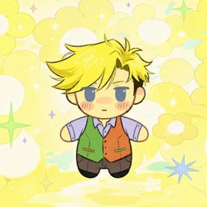 Puede incluir: Una ilustración digital de un personaje estilo chibi con cabello amarillo puntiagudo, vistiendo una camisa de cuello morado claro bajo un chaleco bicolor verde a la derecha y naranja a la izquierda, combinado con pantalones marrón oscuro sobre un fondo amarillo.