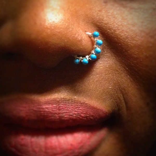 Smooth Turquoise Custom Nose ring Argentium .930 Silver/14K Gold wrapped