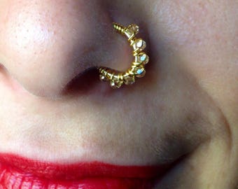 14K Gold Nose Ring with faceted Swarovski crystals