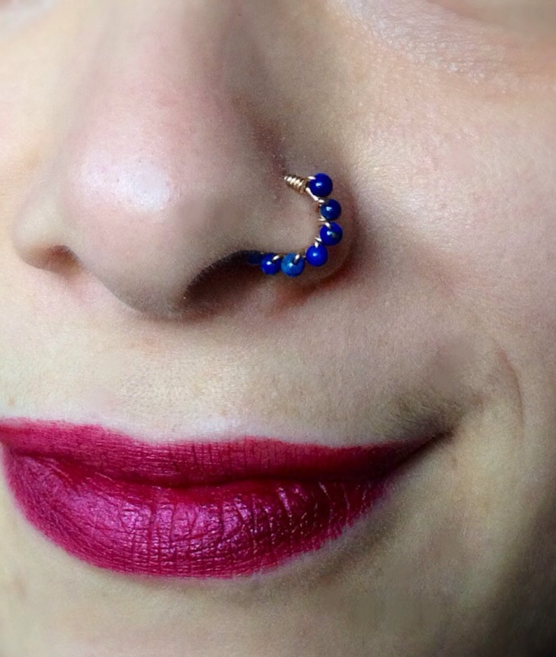 14K Gold wrapped Lapis Lazuli Gemstone Nose Ring/ .930 Argentium silver image 1