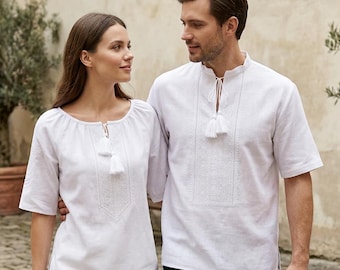 White Couple Vyshyvanka Set, Minimalist Ukrainian Embroidered Shirts, Matching Wedding Outfit For Him And Her