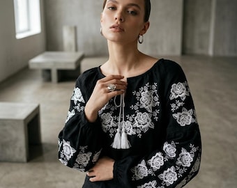 Black Vyshyvanka Blouse with White Floral Embroidery, Ukrainian Womens Shirt, Festival Outfit, Made in Ukraine