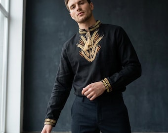 Vyshyvanka Shirt with Wheat Embroidery, Ukrainian Hand Embroidered Holiday Blouse, Patriotic Folk Clothing