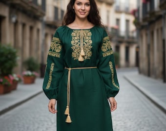 Green Vyshyvanka Midi Dress, Embroidered Linen Bohemian Dress, Vintage Style Women Linen Tunic, Gift for Her, Ukrainian Linen Clothing