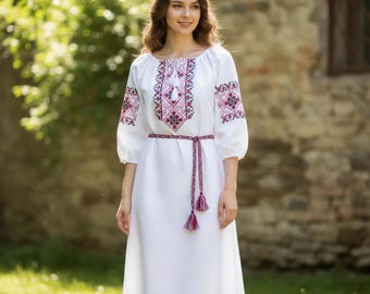 White Vyshyvanka Linen Midi Dress, Embroidered Ukrainian Boho Dress, Women’s Tunic Style, Folk Art Festival Summer Dress, Linen Sundress