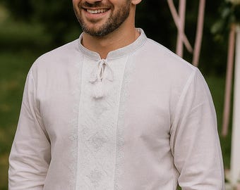 Camisa de lino Vyshyvanka para hombre, camisa de boda blanca bordada, blusa holgada de manga larga, transpirable, fabricada en Ucrania, regalo para él.