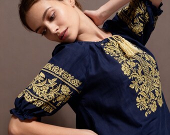 Elbow Sleeve Blue Vyshyvanka, Womens Linen Embroidered Blouse, Boho Ethnic Peasant Top, Breathable Folk Shirt, Vintage Style Gift For Her