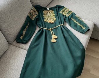 Green Vyshyvanka Dress, Embroidered Linen Midi Dress, Ukrainian Folk Embroidery, Bohemian Vintage Style, Women’s Tunic with Folk Art Details