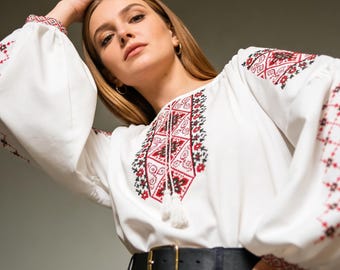 White Gabardine Vyshyvanka, Red Ukrainian Embroidery, Puff Sleeve Folk Blouse, Mothers Day Gift Made In Ukraine