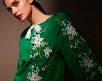 Boho Green Vyshyvanka Blouse, Womens Embroidered Folk Shirt, Breathable Long Sleeve Top, Plus Size Clothing, Gift For Her