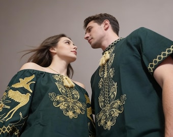 Deep Green Vyshyvanka Set, Matching Embroidered Shirts With Gold Ornament, Ukrainian Couple Outfit