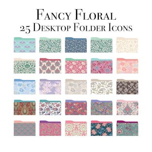 May include: A collection of 25 digital desktop folder icons featuring various floral and paisley patterns in diverse color palettes. The text "FANCY FLORAL 25 DESKTOP FOLDER ICONS" is displayed at the top of the image, showcasing the variety of designs.