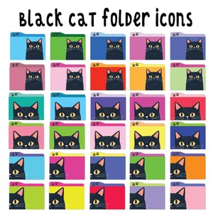 May include: A digital collection of folder icons featuring the text "Black cat folder icons" at the top. Each icon displays a black cat with yellow eyes against a solid colored background, with small black paw prints on the top left tab.