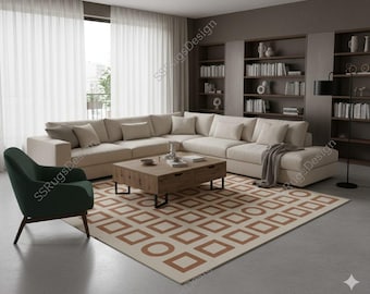 Geometrisk matta i modern design från mitten av århundradet | Terrakotta- och beige matta.